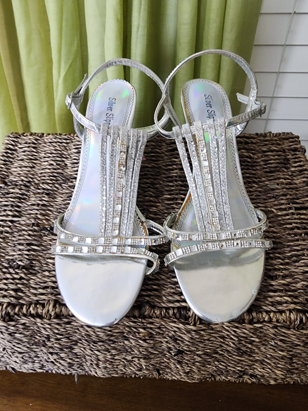 Silver T-Strap Rhinestone Women's Sandals Sz 9.5 Need Re-glueing In Places